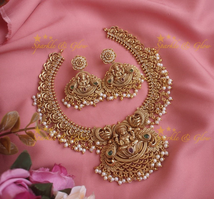 Exquisite Lakshmi peacock and flowers short necklace with pearls