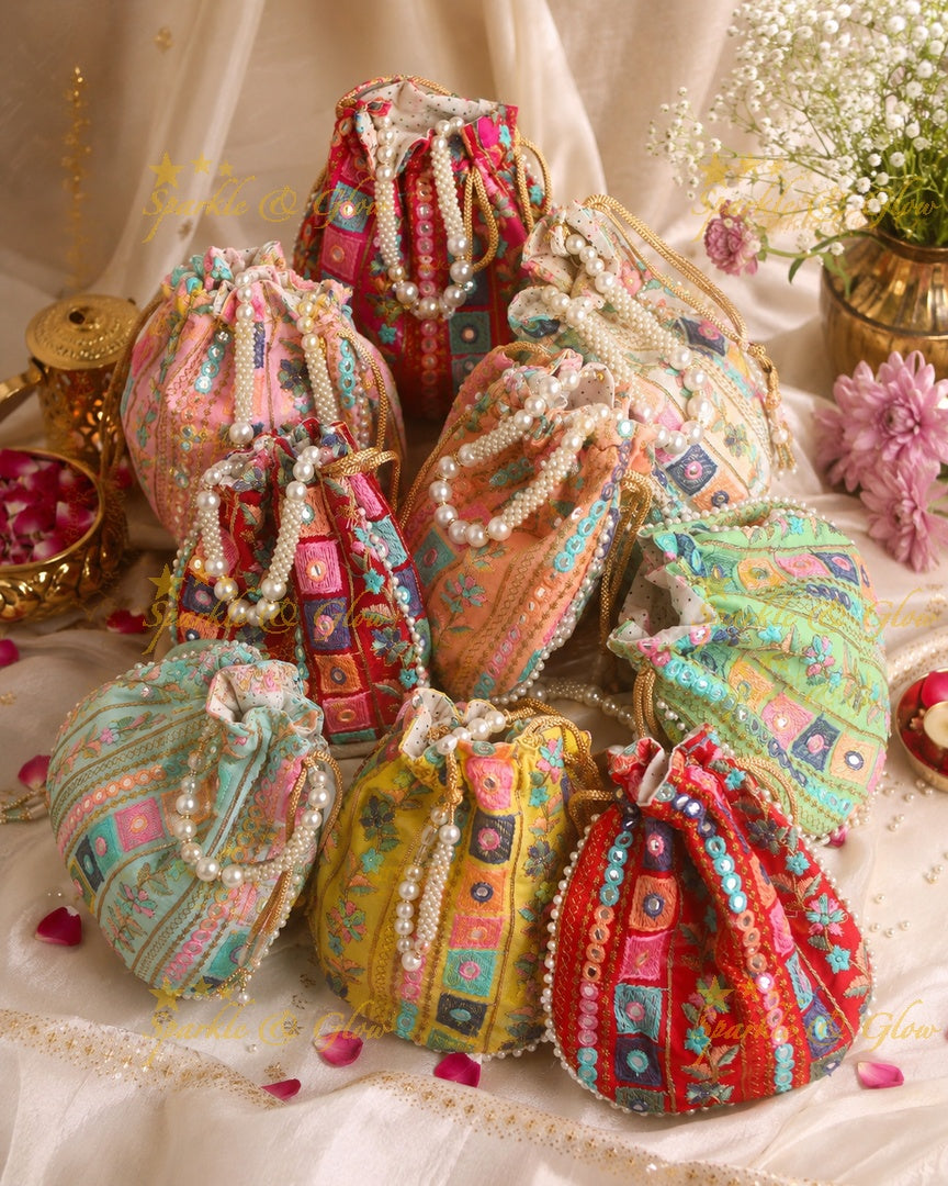 Embroidered Potli Bag 8x8 with Mirror Work- Set of 10pcs