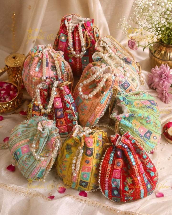 Embroidered Potli Bag 8x8 with Mirror Work- Set of 10pcs