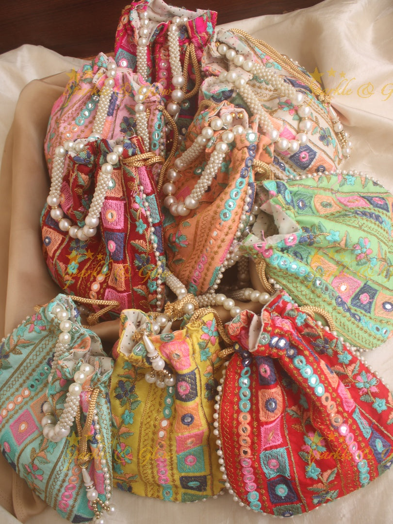 Two side Embroidered 8*8 inch potli bags with mirror work