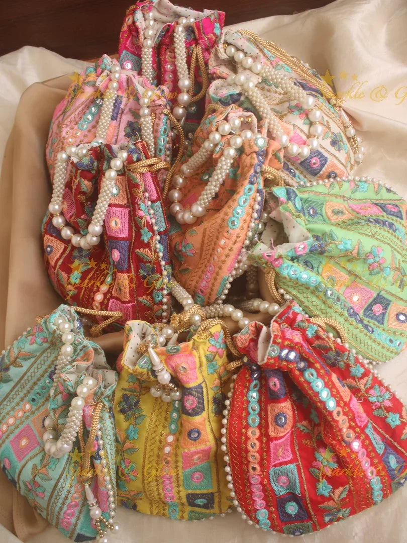 Two side Embroidered 8*8 inch potli bags with mirror work - Sparkle and Glow
