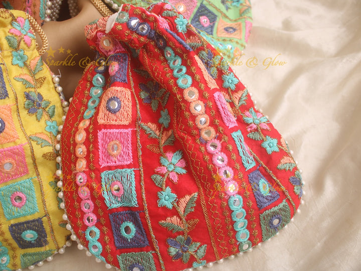 Two side Embroidered 8*8 inch potli bags with mirror work