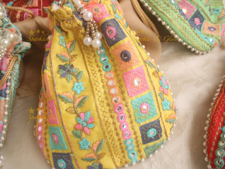 Two side Embroidered 8*8 inch potli bags with mirror work