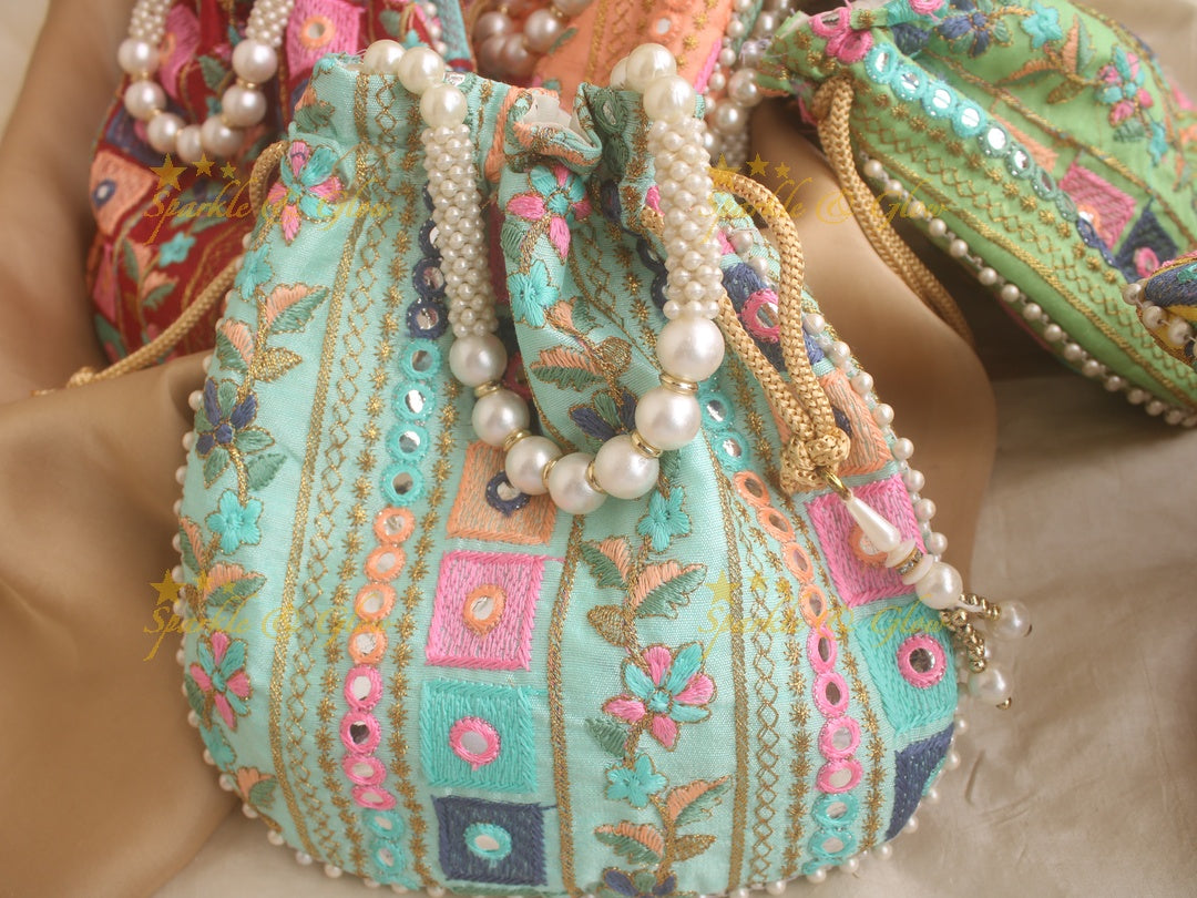 Two side Embroidered 8*8 inch potli bags with mirror work