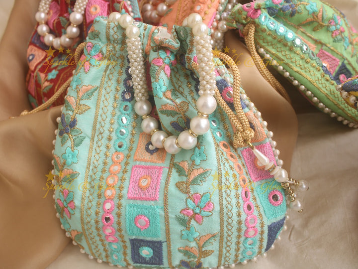 Two side Embroidered 8*8 inch potli bags with mirror work