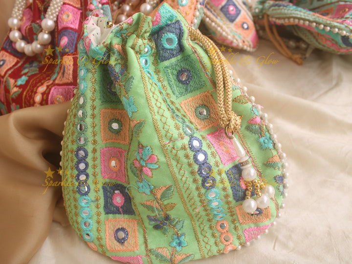 Two side Embroidered 8*8 inch potli bags with mirror work