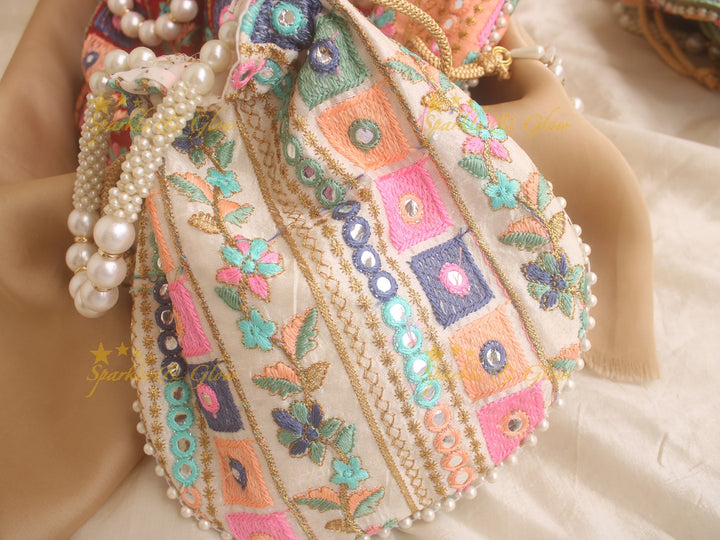 Two side Embroidered 8*8 inch potli bags with mirror work