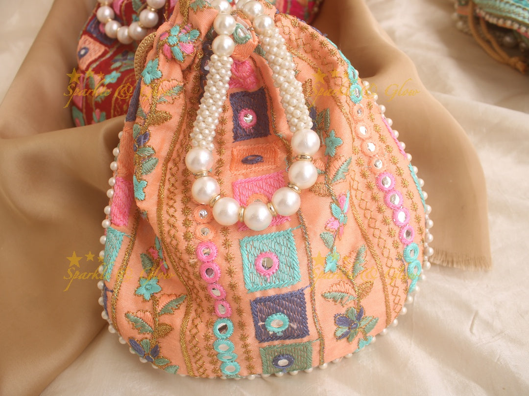 Two side Embroidered 8*8 inch potli bags with mirror work
