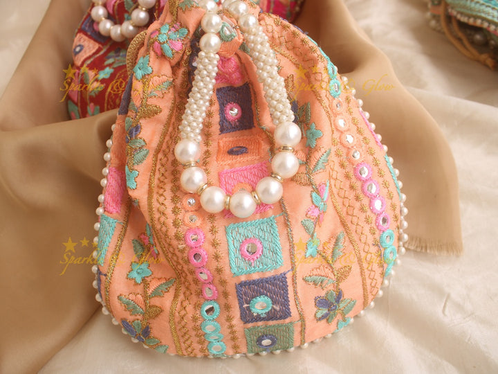 Two side Embroidered 8*8 inch potli bags with mirror work