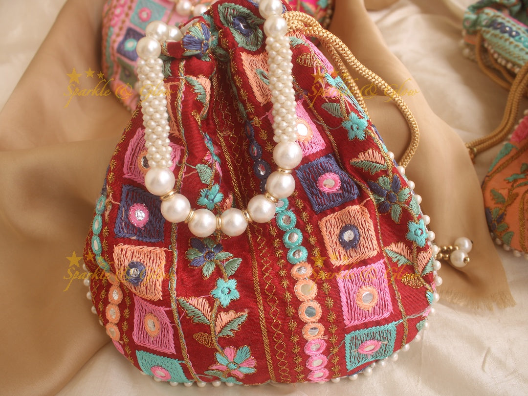Two side Embroidered 8*8 inch potli bags with mirror work