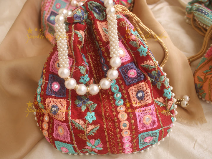 Two side Embroidered 8*8 inch potli bags with mirror work