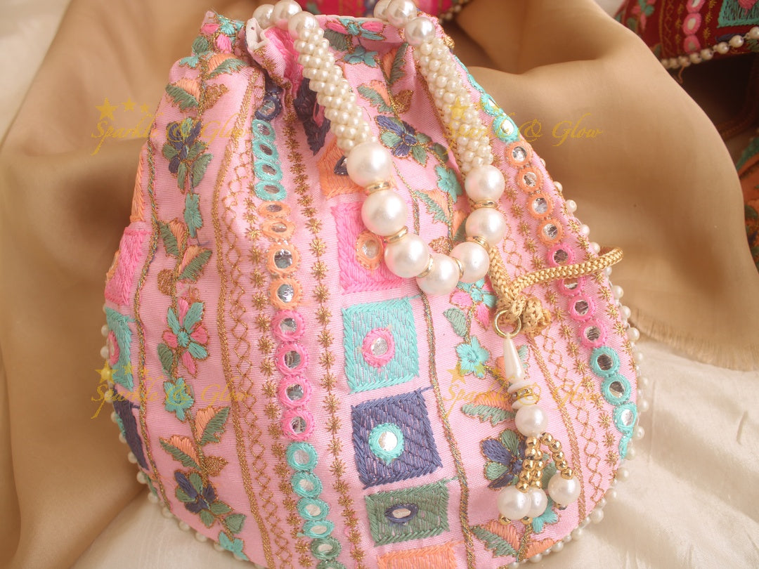 Two side Embroidered 8*8 inch potli bags with mirror work