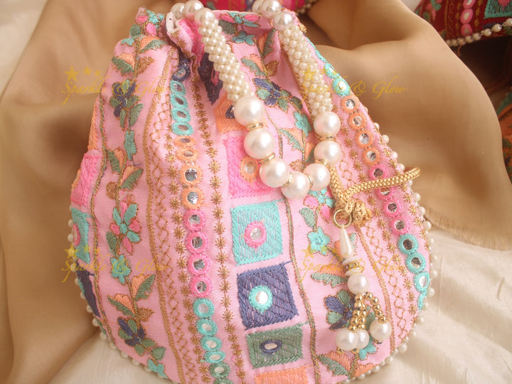 Two side Embroidered 8*8 inch potli bags with mirror work