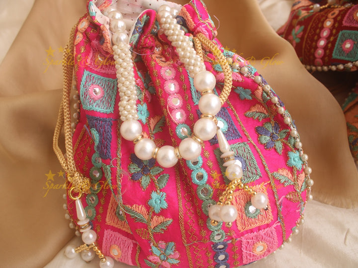 Two side Embroidered 8*8 inch potli bags with mirror work