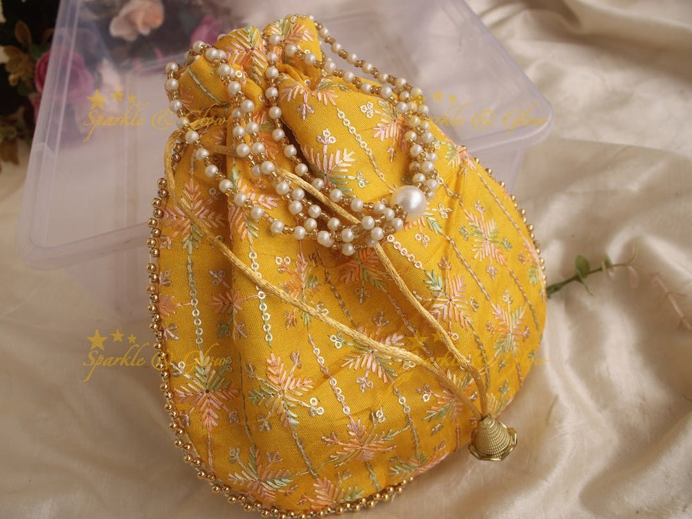 Embroidered 8.5*8 inch potli bags with gold beads - set of 10 - Assorted colours for return gifts - Sparkle and Glow - 