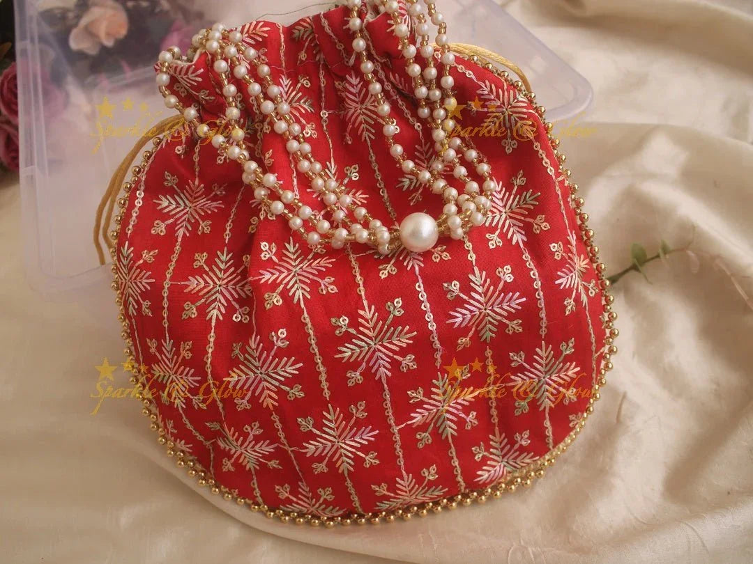 Embroidered 8.5*8 inch potli bags with gold beads - set of 10 - Assorted colours for return gifts - Sparkle and Glow