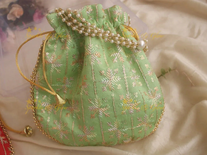 Embroidered 8.5*8 inch potli bags with gold beads - set of 10 - Assorted colours for return gifts - Sparkle and Glow