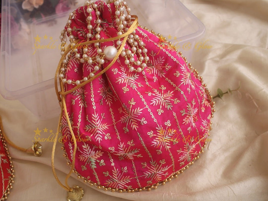 Embroidered 8.5*8 inch potli bags with gold beads - set of 10 - Assorted colours for return gifts - Sparkle and Glow - 