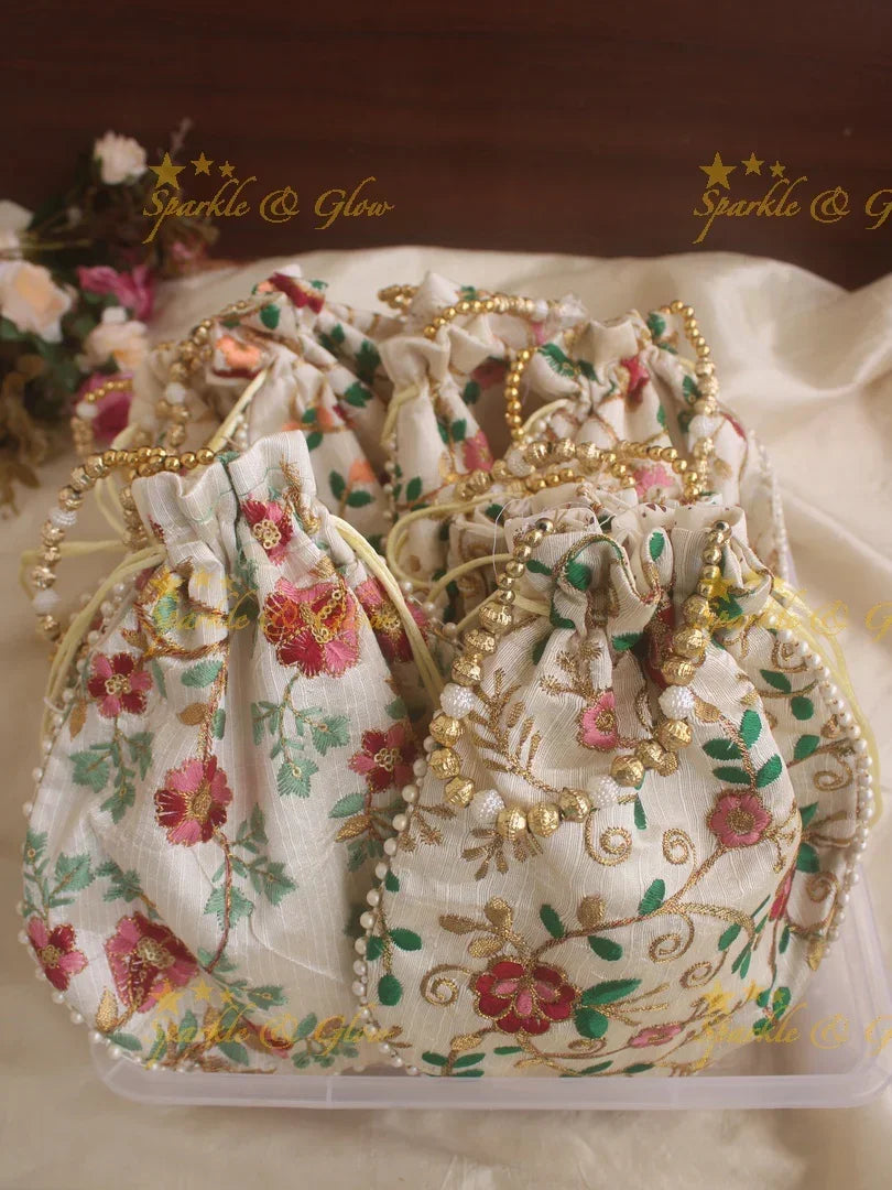 Two side Embroidered 8.5*9 inch potli bags with gold beads - Sparkle and Glow
