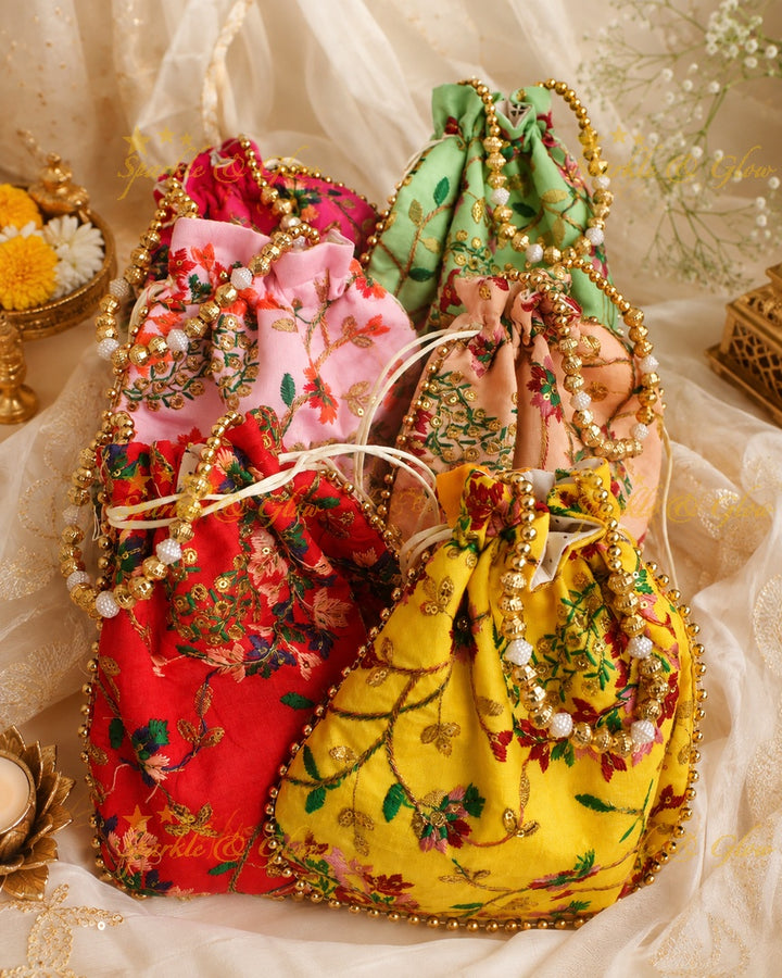 Gold Beaded 8x8 Inch Embroidered Potli Bags- Set of 10pcs