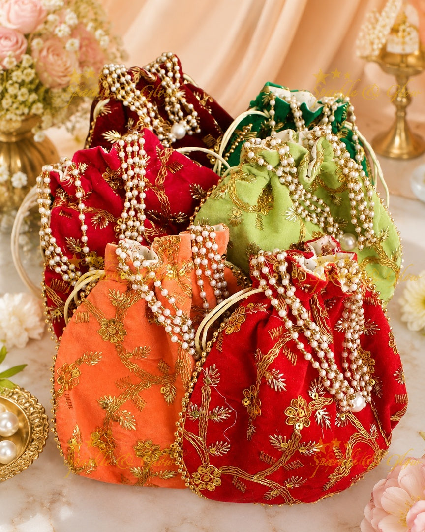 Gold & White Beaded Velvet Potli Bag for Weddings- Set of 10pcs