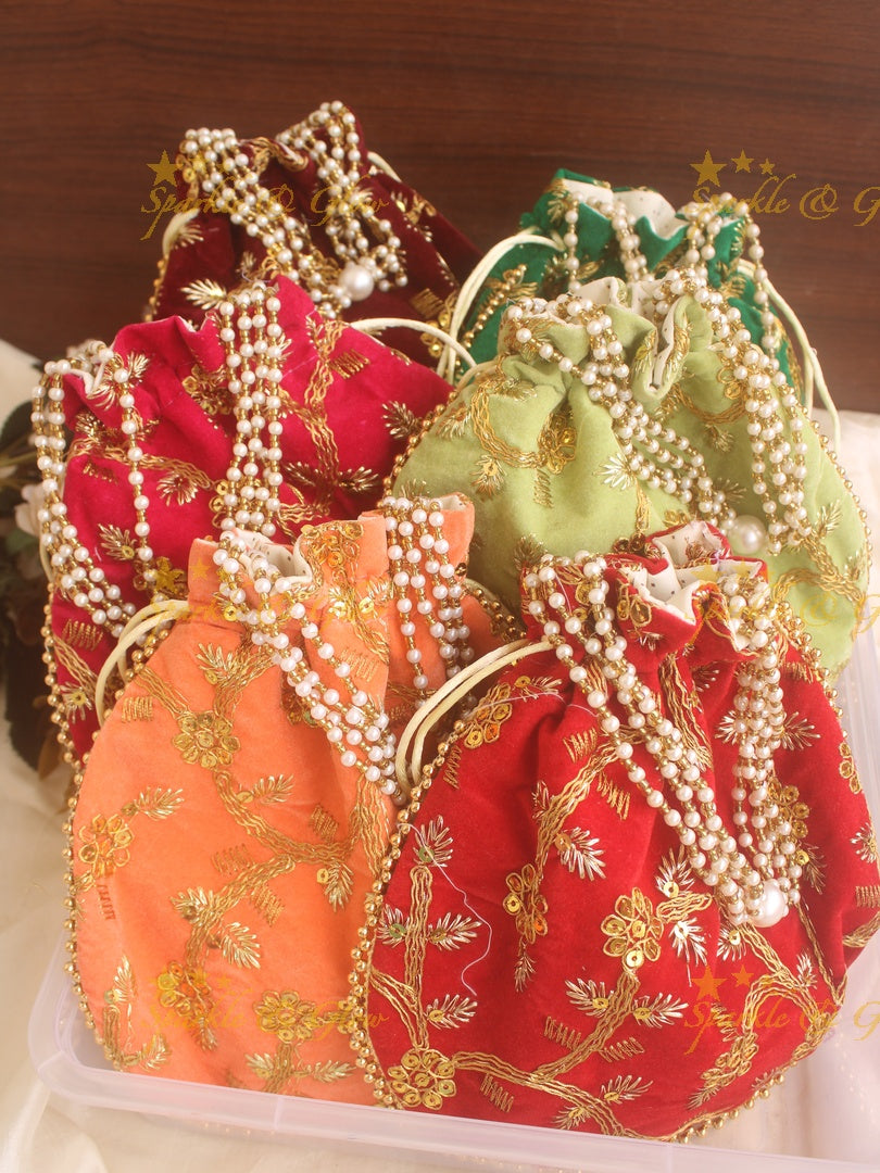 Velvet Embroidered 8.5*8.5 inch potli bags with gold and white beads - Sparkle and Glow