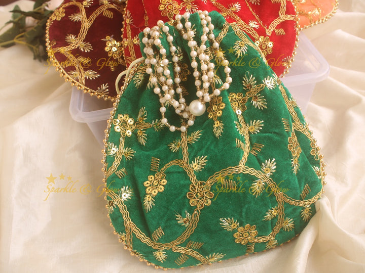 Velvet Embroidered 8.5*8.5 inch potli bags with gold and white beads - Sparkle and Glow