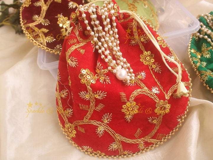 Velvet Embroidered 8.5*8.5 inch potli bags with gold and white beads - Sparkle and Glow