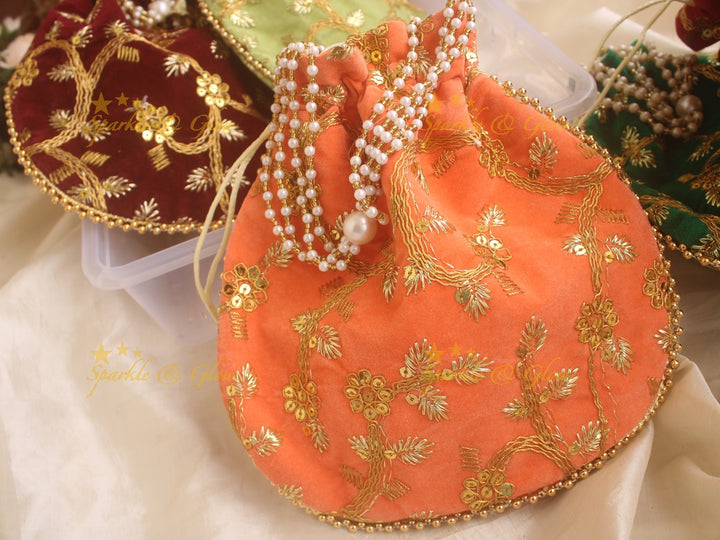 Velvet Embroidered 8.5*8.5 inch potli bags with gold and white beads - Sparkle and Glow