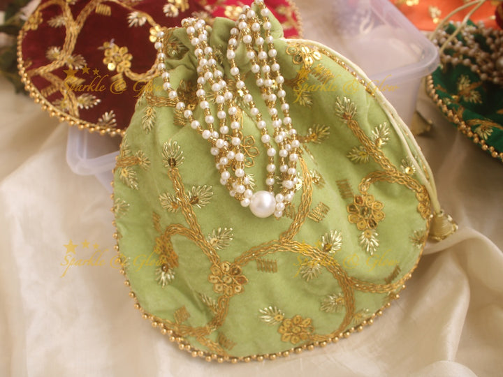 Velvet Embroidered 8.5*8.5 inch potli bags with gold and white beads - Sparkle and Glow