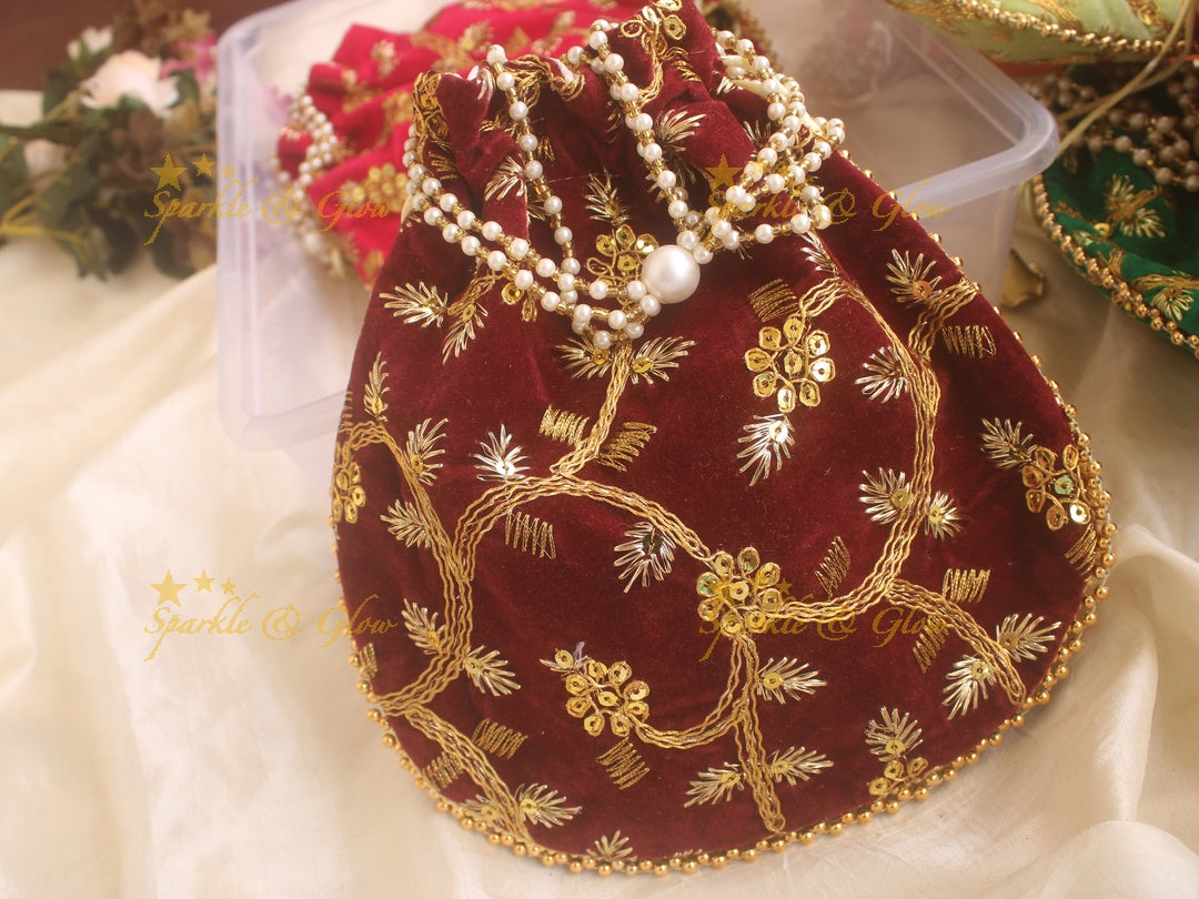 Velvet Embroidered 8.5*8.5 inch potli bags with gold and white beads - Sparkle and Glow
