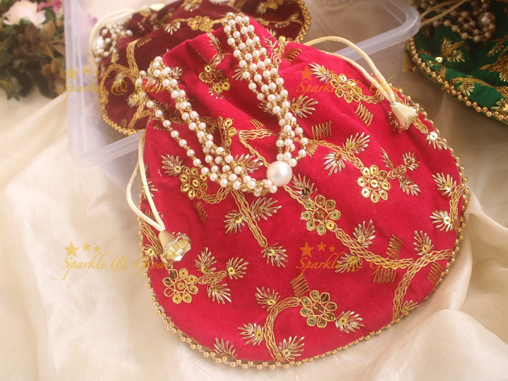 Velvet Embroidered 8.5*8.5 inch potli bags with gold and white beads - Sparkle and Glow