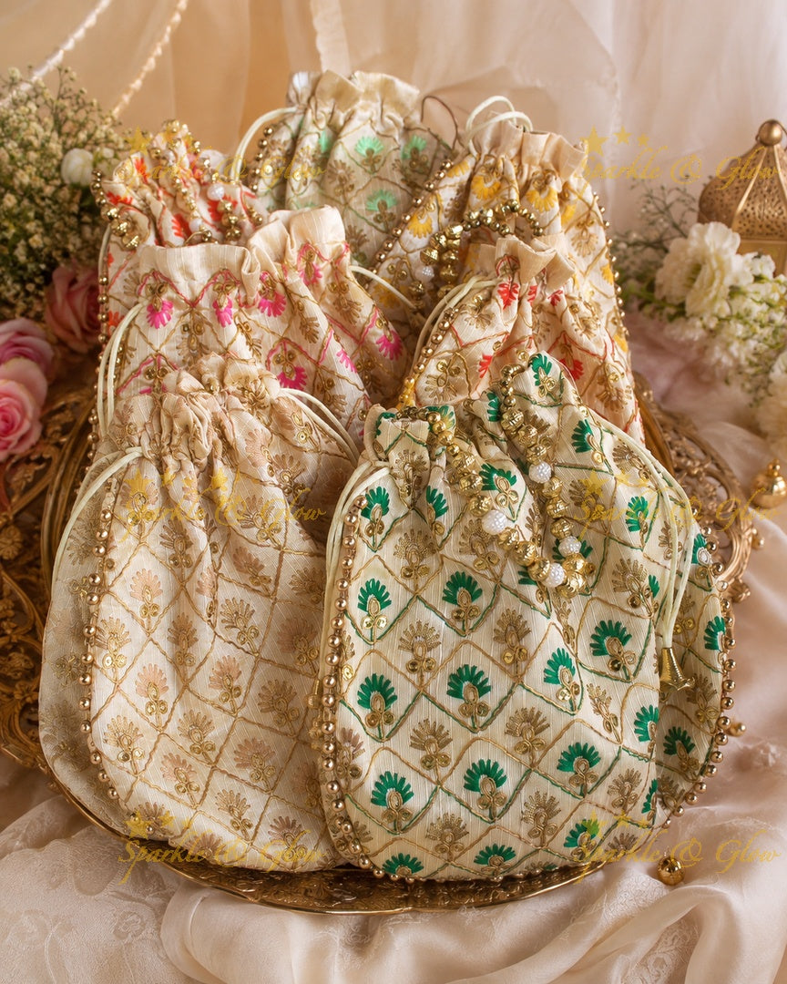 Gold Beaded 8.5*8" Embroidered Potli Bags- Set of 10pcs
