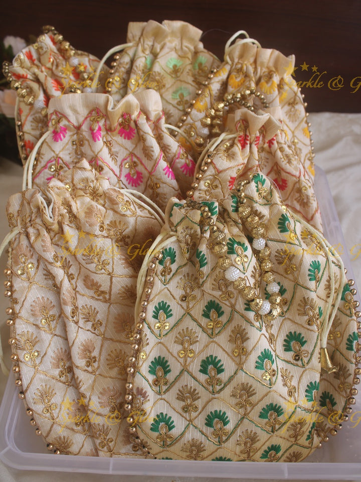 Embroidered 8.5*8 inch potli bags with gold beads