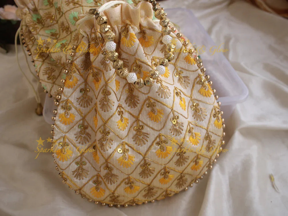 Embroidered 8.5*8 inch potli bags with gold beads - Sparkle and Glow
