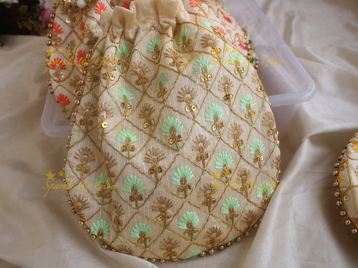 Embroidered 8.5*8 inch potli bags with gold beads