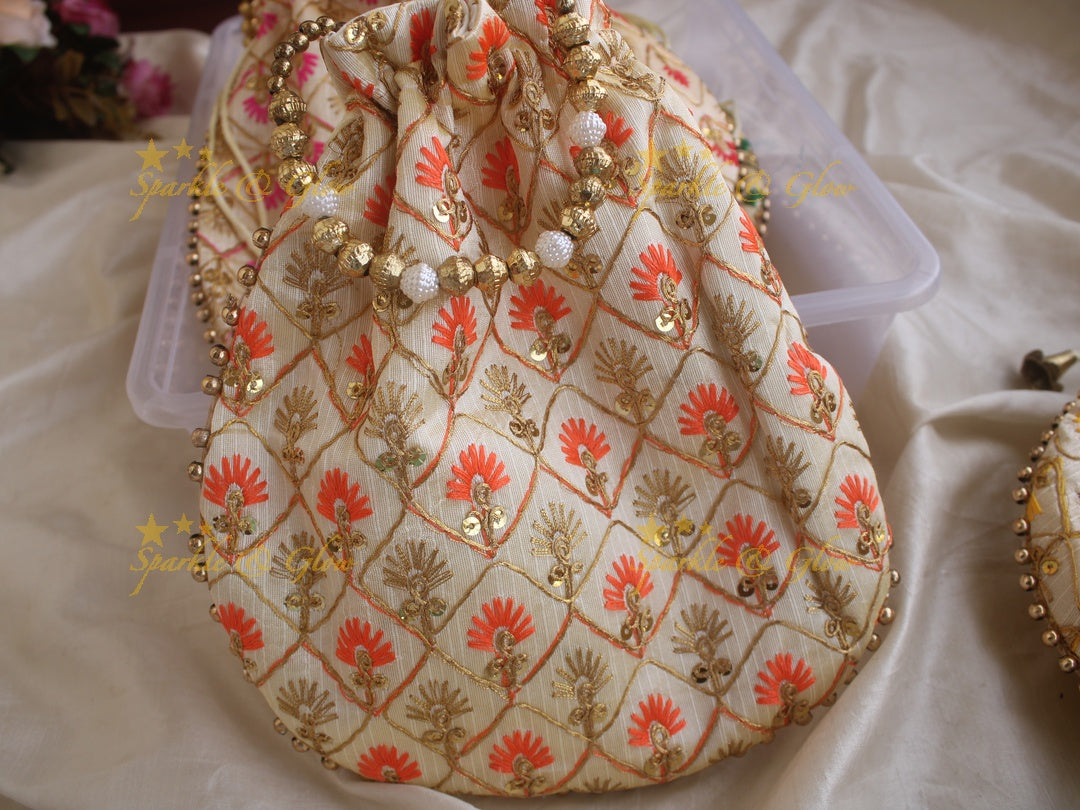 Embroidered 8.5*8 inch potli bags with gold beads