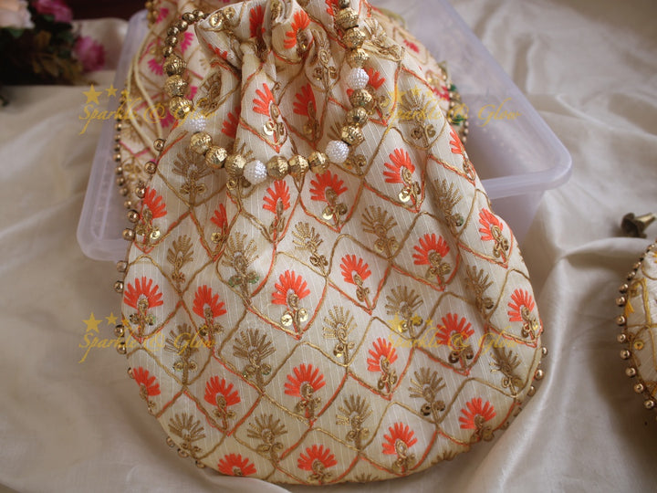 Embroidered 8.5*8 inch potli bags with gold beads