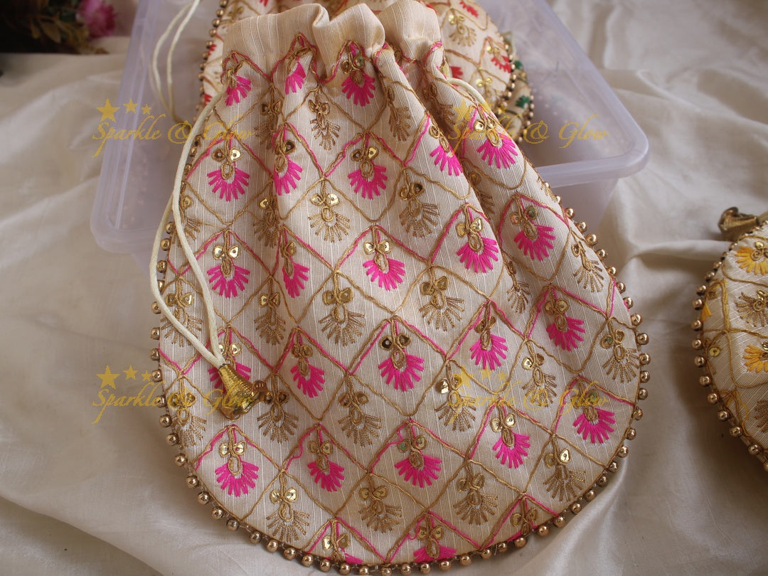 Embroidered 8.5*8 inch potli bags with gold beads
