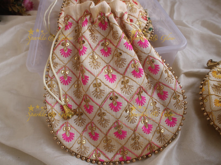 Embroidered 8.5*8 inch potli bags with gold beads