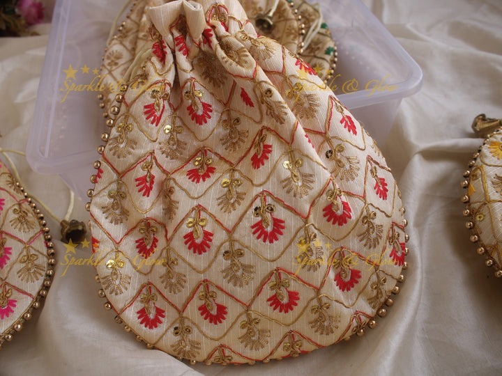 Embroidered 8.5*8 inch potli bags with gold beads