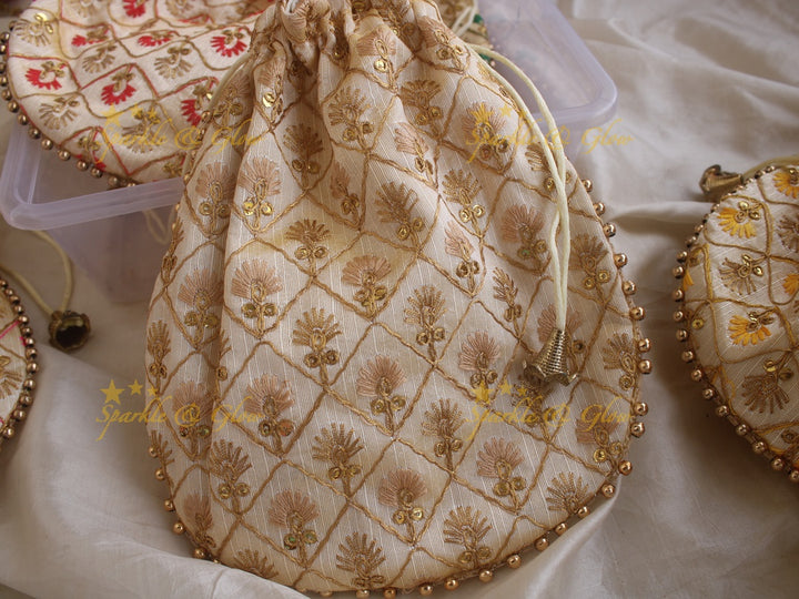 Embroidered 8.5*8 inch potli bags with gold beads