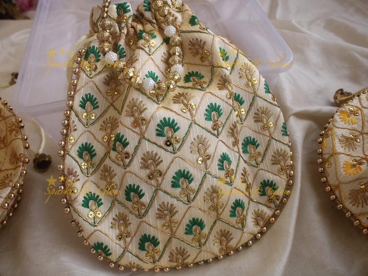 Embroidered 8.5*8 inch potli bags with gold beads