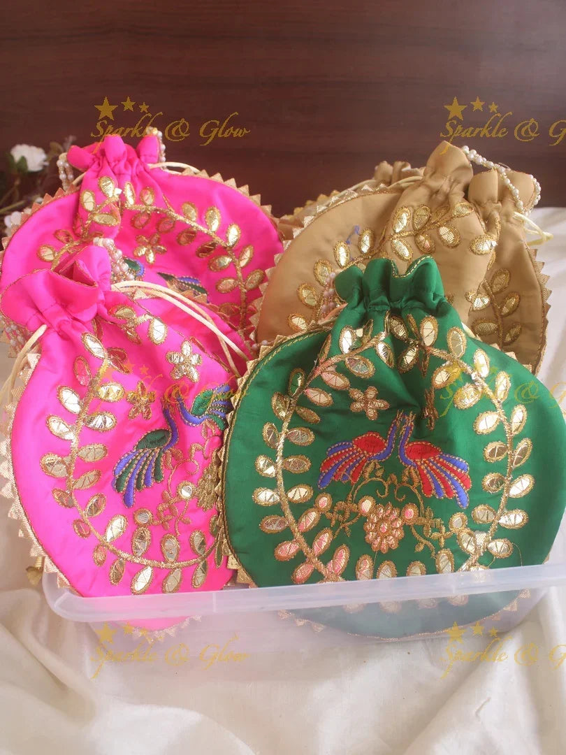 Gold work and Embroidered 8.5*8 inch potli bags with gold beads - Sparkle and Glow
