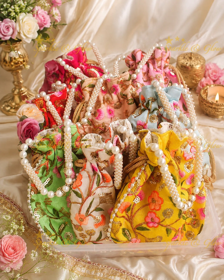 Embroidered Beaded Potli Bags - 8.5*8 inch White- Set of 10pcs