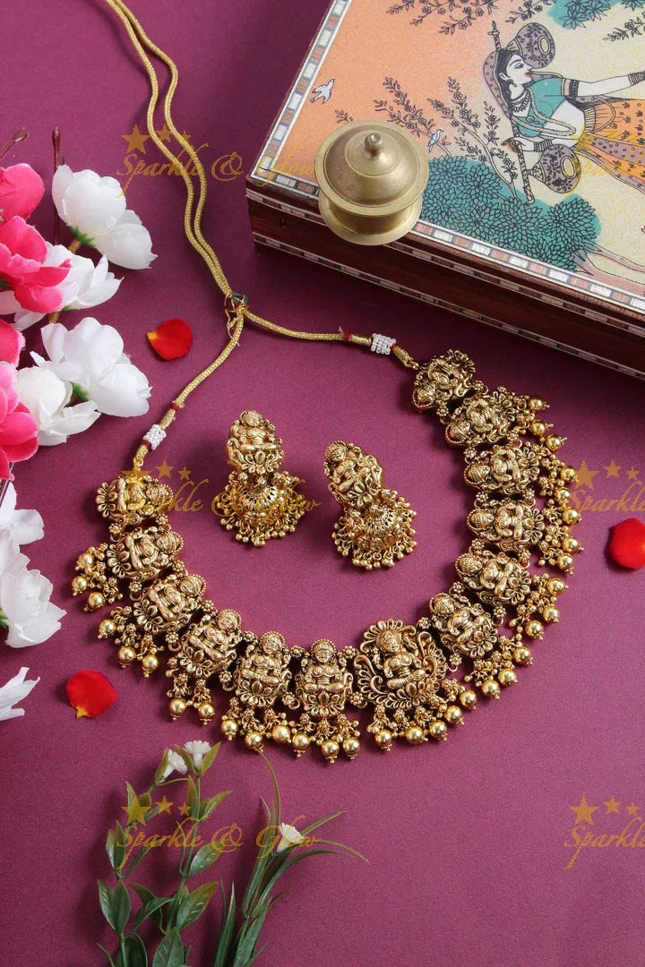 Exclusive Gold alike Lakshmi short necklace with green beads - Sparkle and Glow