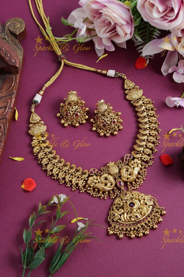 Gold alike peacock carved short necklace with ruby and mint green beads - Sparkle and Glow