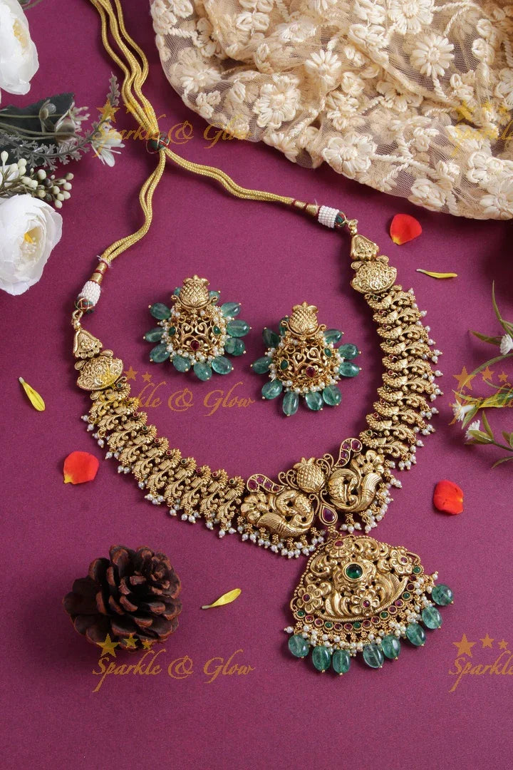Gold alike peacock carved short necklace with ruby and mint green beads - Sparkle and Glow