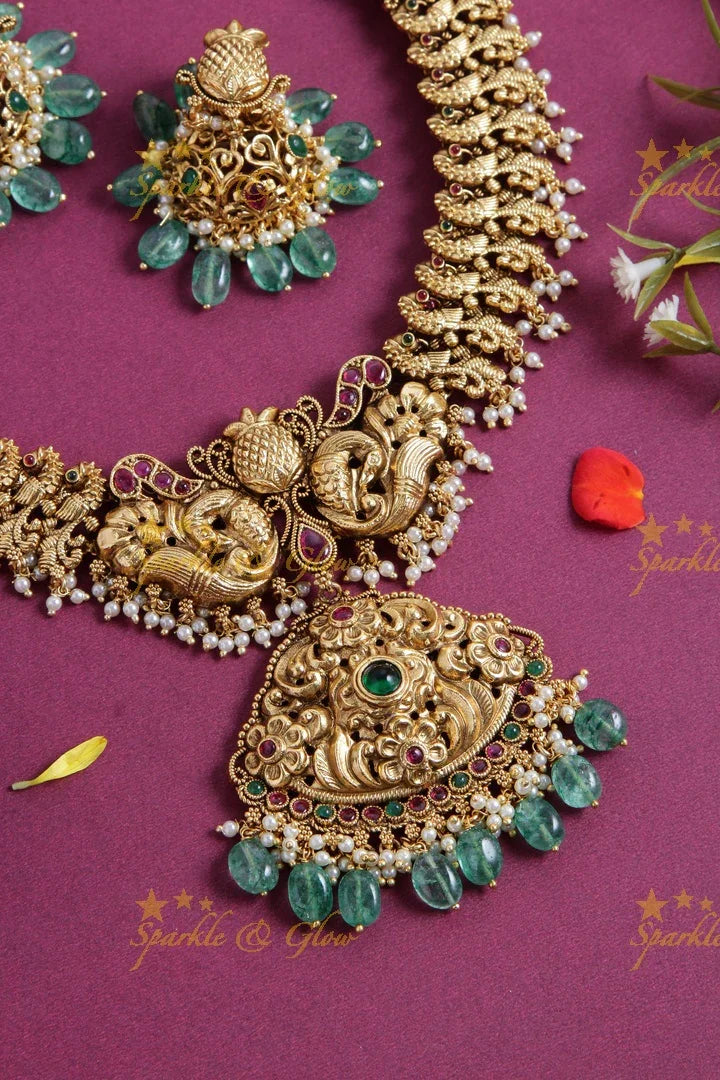 Gold alike peacock carved short necklace with ruby and mint green beads - Sparkle and Glow