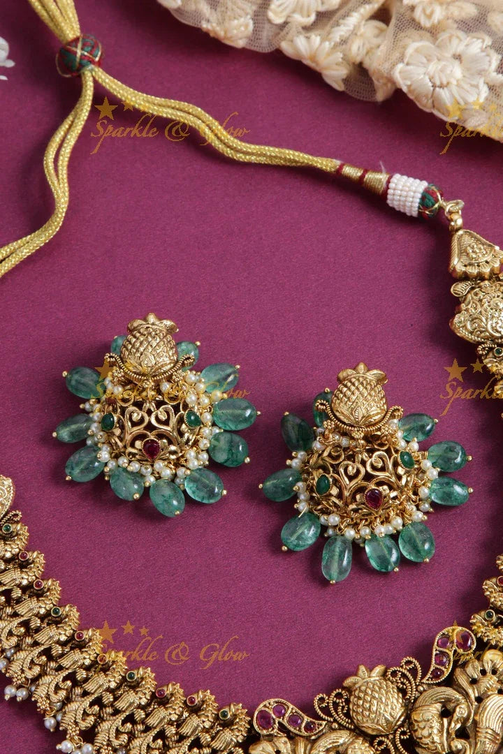 Gold alike peacock carved short necklace with ruby and mint green beads - Sparkle and Glow